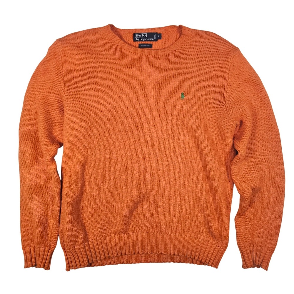 Polo Ralph Lauren Mens Orange 100% Cotton Knit Crewneck Sweater Pony Logo L